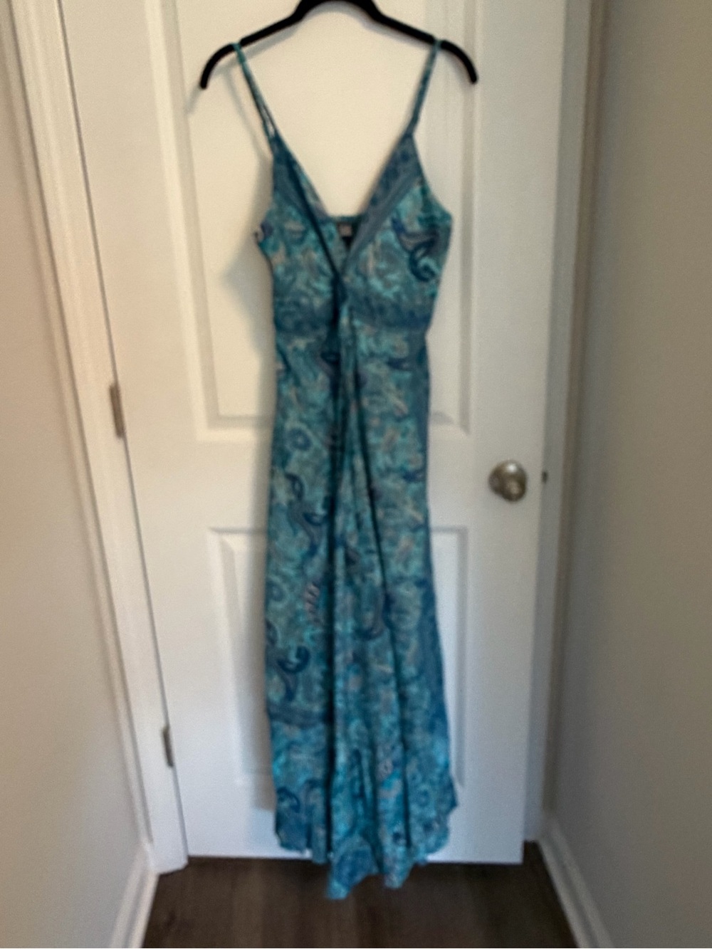 100% silk Blue Paisley Spaghetti-Strap Maxi Dress